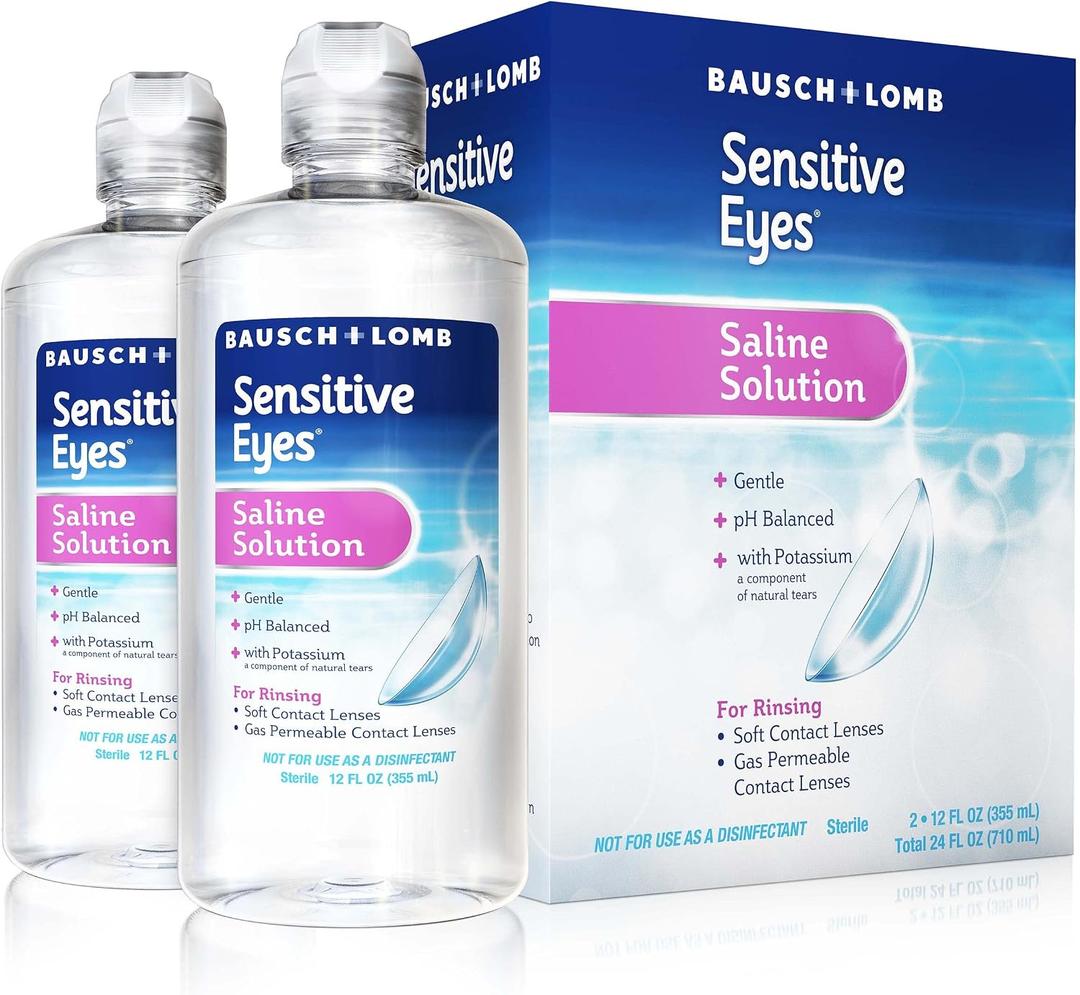 Bausch + Lomb Sensitive Eyes Saline Solution, Gentle Daily Rinse for Soft & Gas Permeable Contact Lenses, with Potassium, 12 Fl Oz (Pack of 2), BBD 01/04/2028