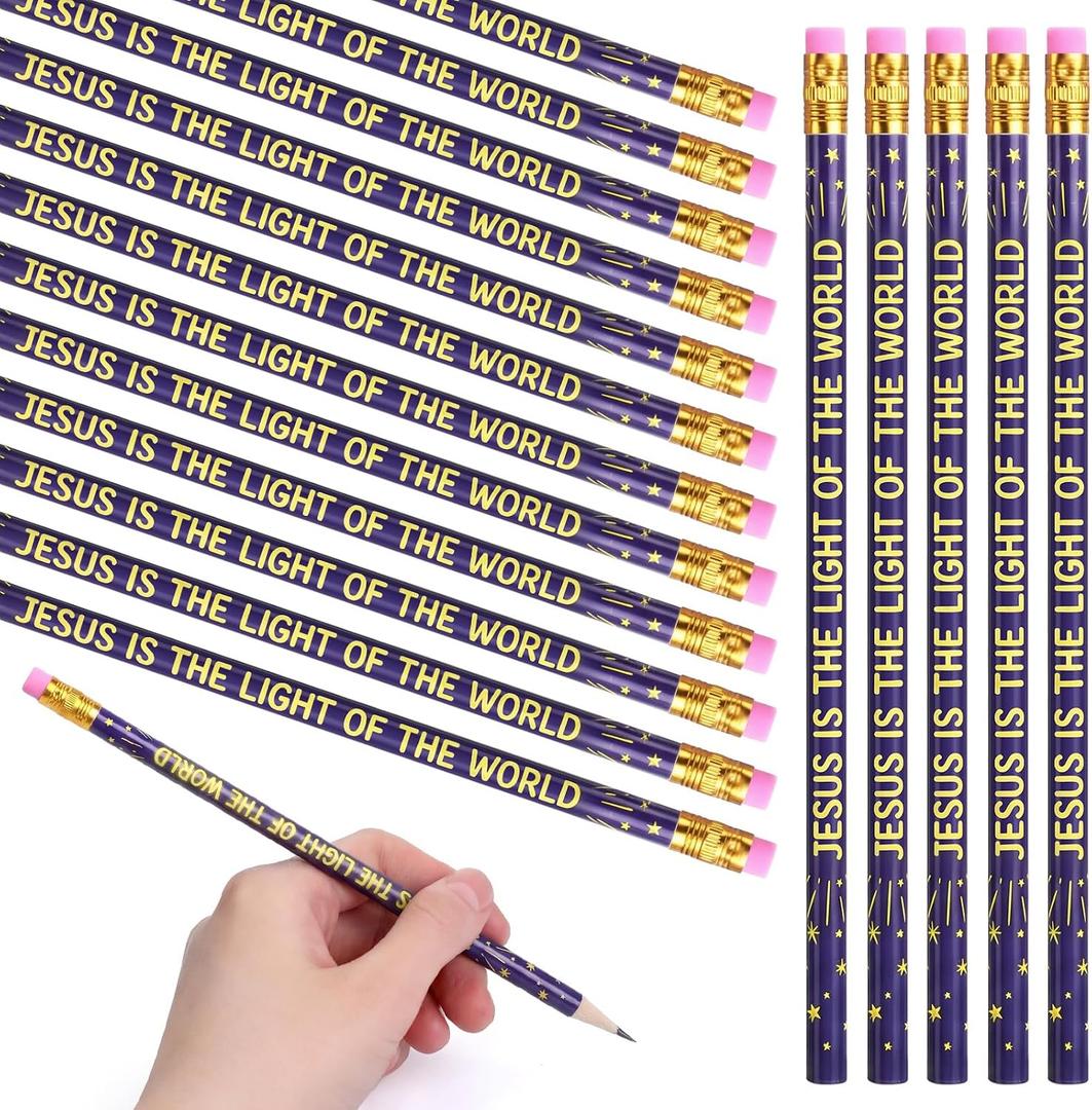 AmazingSpark 50 Pcs Vbs 2026 Pencils Bulk 7.5 Inch Religious Light of Life John 8: 12 Pencils Jesus Bible Christian Gifts for Kids Easter Church Sunday School Prizes