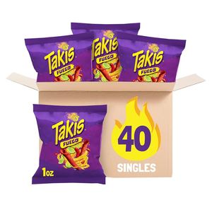 Takis Fuego 40 pc / 1 oz Multipack - Hot Chili Pepper & Lime Flavored Extreme Spicy Rolled Tortilla Chips - Individual Bags, Perfect for Tailgates, Parties, Lunchboxes or Lunches BB 1/15/26