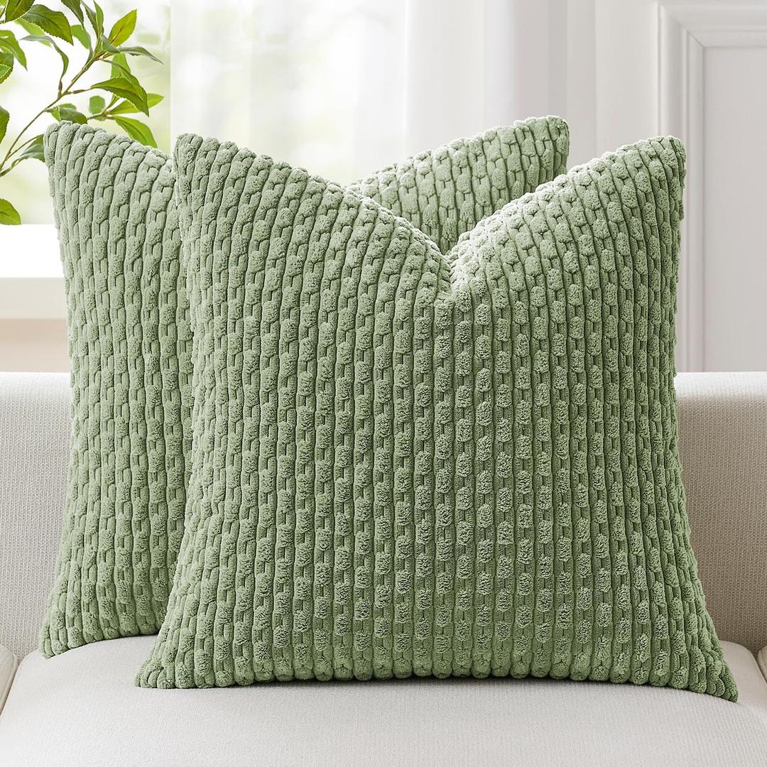 Kevin Textile 2 Packs Spring Decorative Throw Pillow Covers 16x16 Inch for Living Room Couch Bed Sofa Soft Striped Corduroy Square Cushion Case 40x40 cm Farmhouse Boho Home Decor Sage Green