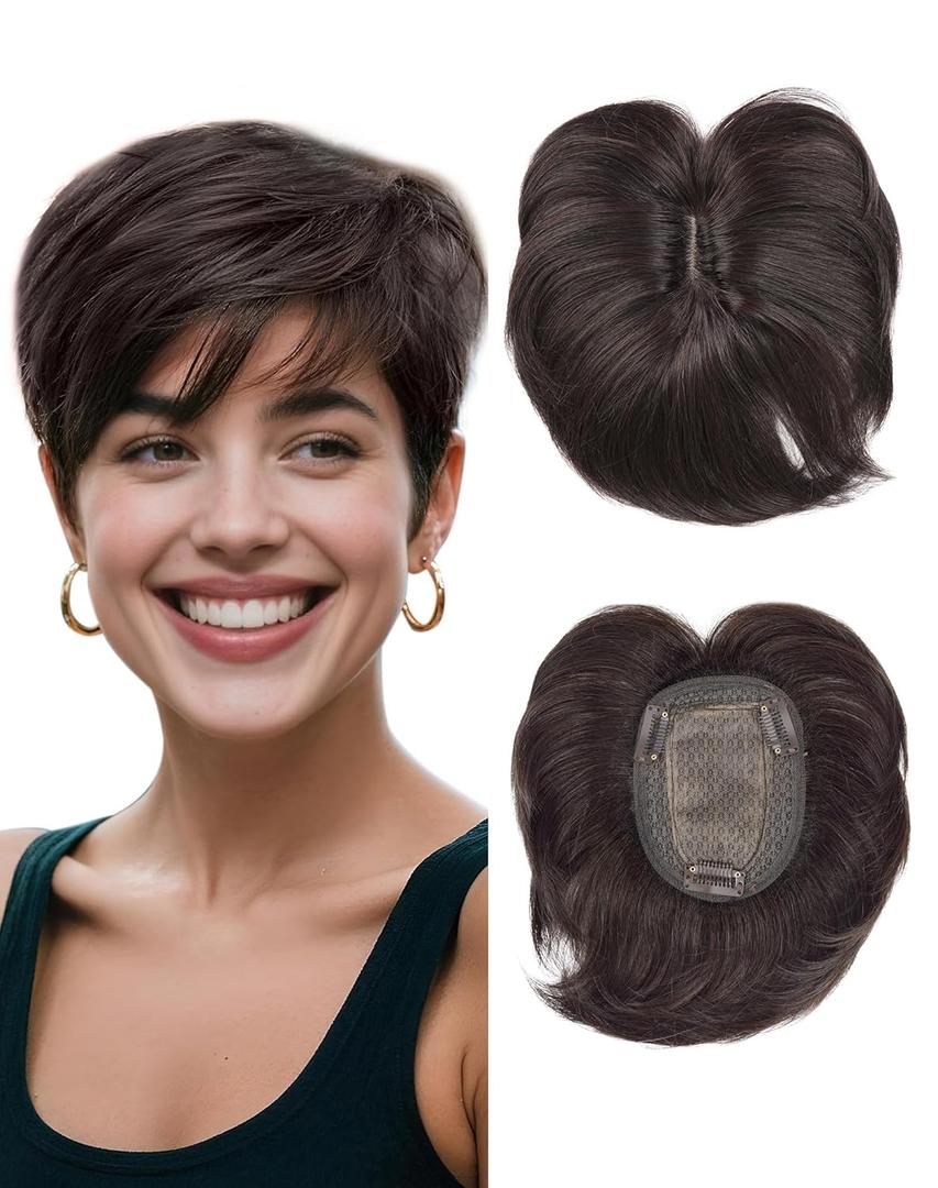 QUEENTAS Brown Short Hair Toppers for Women with Thinning Hair 3603D Cover with 3 Clips Hair Pieces Wispy Bangs 4.6"*3.6" Coverage(Dark Brown/#2) (4.5 Inch)