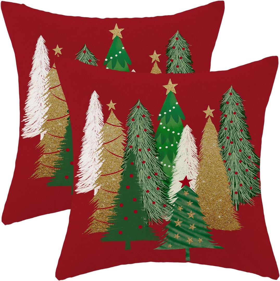 AEIOAE Christmas Pillow Covers 22x22 Inch Set of 2 Colorful Christmas Tree Throw Pillows Case, Stars Holiday Outdoor Decorative Farmhouse Winter Red Decor Cushion Covers for Home Sofa Bed Couch