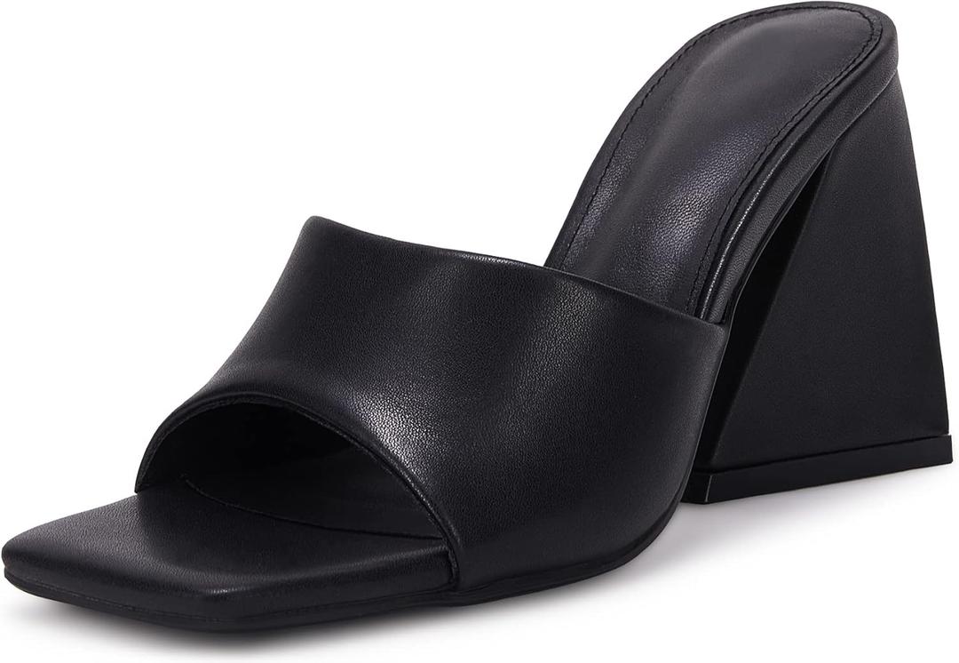 VETASTE Women's Heeled Sandals Square Open Toe Slip on Block Heels Mules (6, Black)