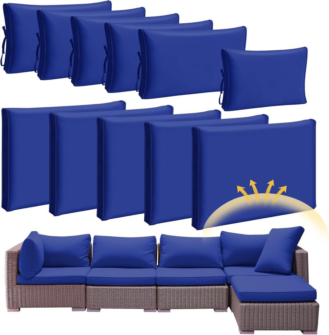 Patelai 11 Pcs Waterproof Patio Cushion Covers for Outdoor Sectional Furniture Wicker Rattan Patio Sofa Couch Chair Seat Pillow Slipcovers, 3 Sizes Covers Only (25.4 x 25.4X 3.54,Dark Blue)