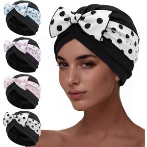 Soulchen 4 Pack Women Swim Caps for Long Hair Turban Bathing Caps with Polka Dot Bow Pleated Elastic Swimming Hats Fabric Cloth Waterproof Ear Protection Stylish Pool