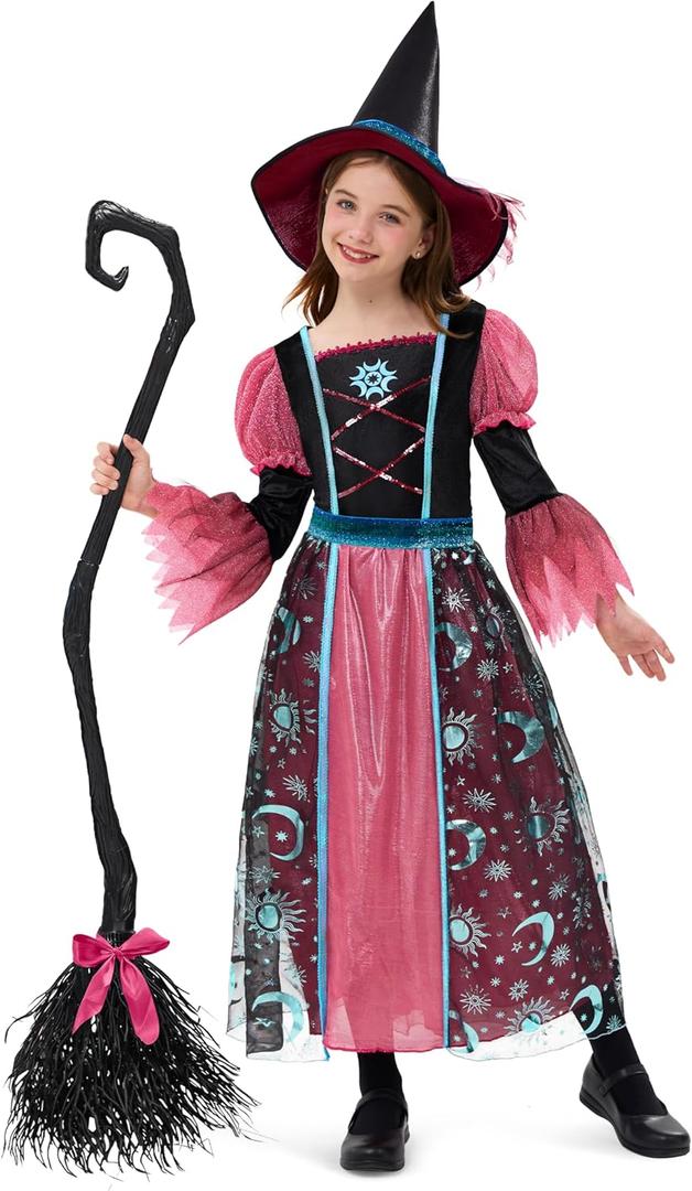 Spooktacular Creations Witch Costume for Girls, Halloween Dress with Broom, Kids Moon Shimmer Witch Set for Wizard Role Play (Large(10-12 yrs), Pink)