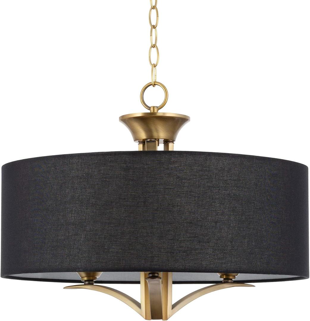 Kira Home Alondra 20" Modern Drum Gold Chandelier with Large Black Linen Shade, 3-Light Modern Farmhouse Hanging Light with Black Drum Shade, Warm Brass Finish
