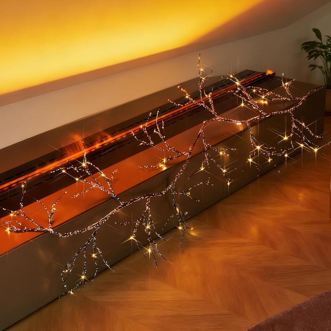 Fudios Lighted Iced Garland with Timer 48 LED Fairy Lights 6ft Battery or USB Plug for Mantle Decor, Lit Christmas Brown Twig Garland Winter Home Holiday Indoor Use