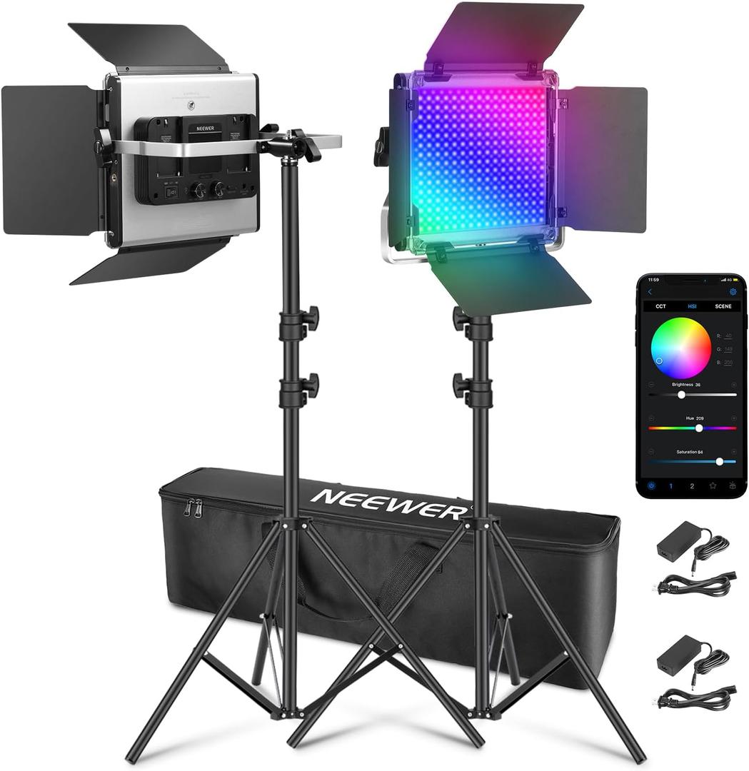 NEEWER Upgraded 660 PRO II RGB LED Video Light with App Control & Tripod Stand Kit, Pack of 2 50W/1% Min Dimming/CRI97+/3200~5600K Key Lighting for Game Streaming YouTube Recording Studio Photography