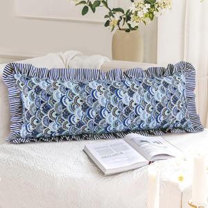 14x36 Inch Cotton Block Print Ruffle Sham Cover,Handmade Boho Floral Block Print Pillowcase,Ruffle Trim,Soft Decorative Cushion Case for Bedroom,Farmhouse&Cottagecore Bedding