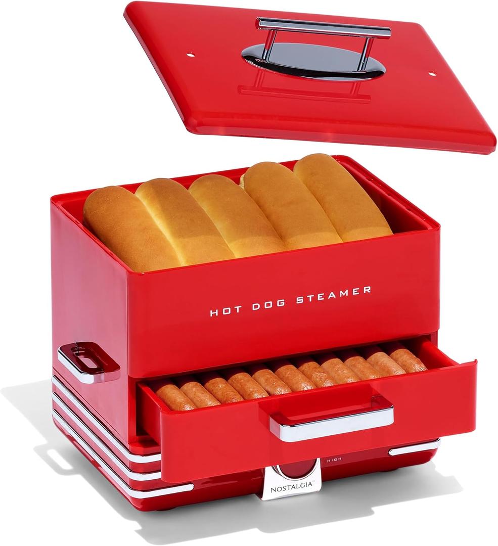 Nostalgia Extra Large Diner-Style Steamer 20 Hot Dogs and 6 Bun Capacity, Perfect for Breakfast Sausages, Brats, Vegetables, Fish