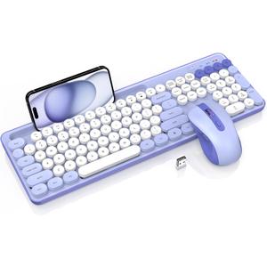 Wireless Keyboard and Mouse Combo, Retro Round Keycaps, Cute Full-Size Typewriter Keyboard with Phone Holder, Sleep Mode, Click Soft, 2.4GHz Cordless Connection for Windows/PC/Laptop