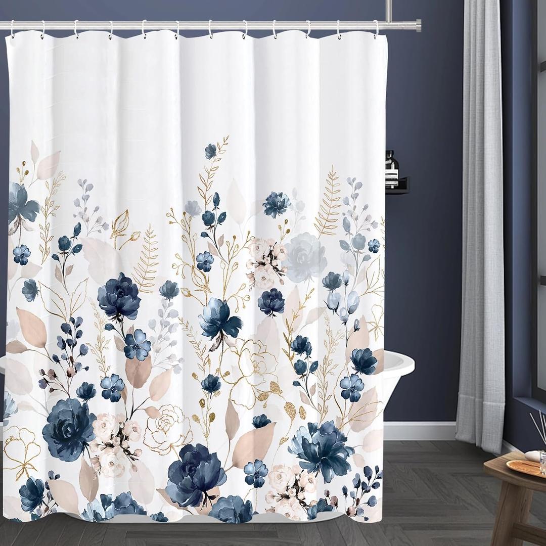 Tititex Aesthetic Navy Blue Floral Shower Curtain Sets, Watercolor Gold Flowers Leaves Bathroom Decorative 60x71 Inch Polyester Waterproof Fabric Bath Curtain with Hooks