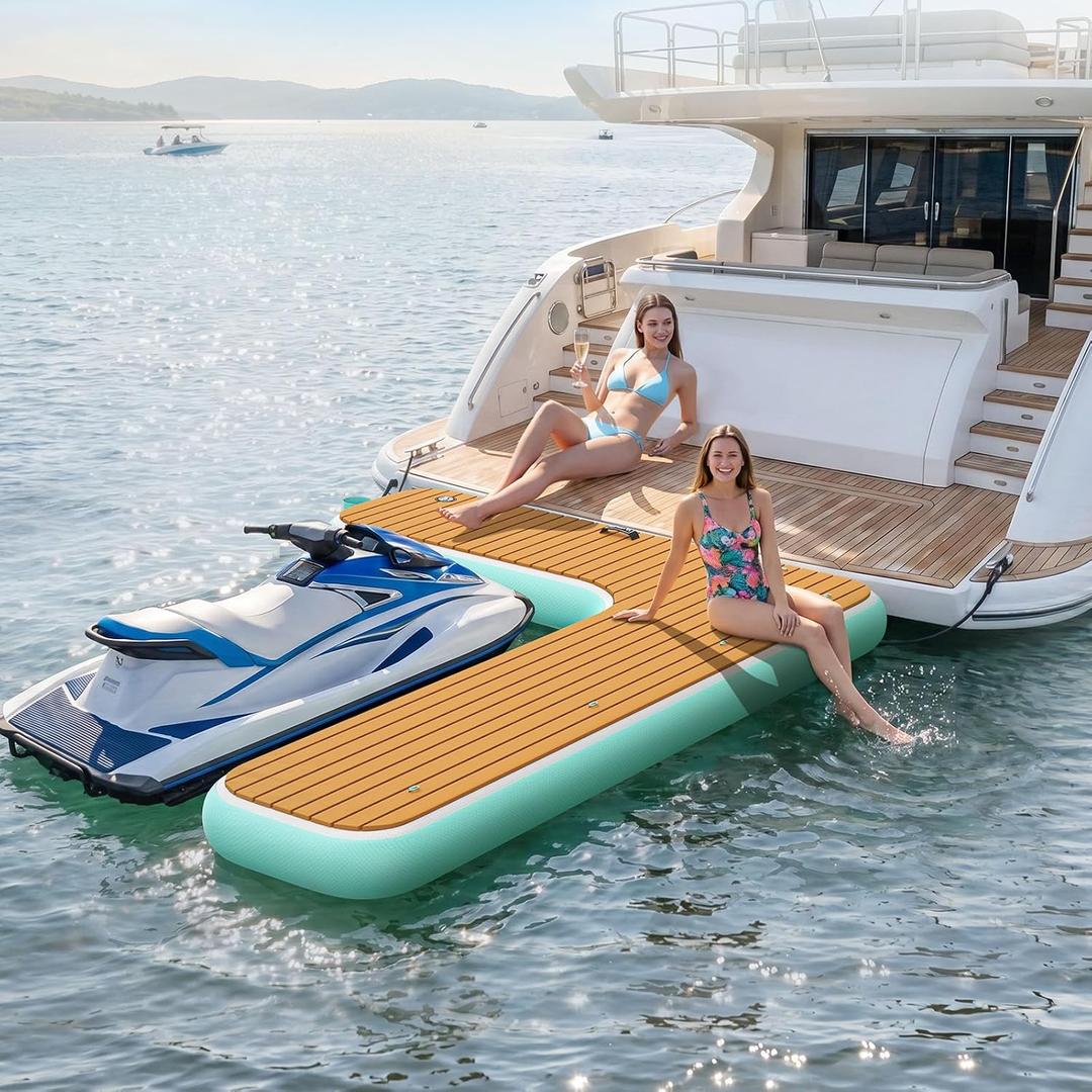 FBSPORT Inflatable Jet Ski Dock, 8ft Inflatable Floating Dock for Lake Ocean Pool, PWC Inflatable Dock Floating Platform, Non-Slip EVA Surface, Boat Fenders for Docking, L-Shaped Left
