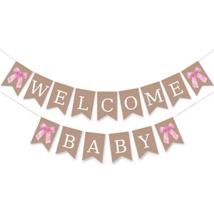 2 Pcs Welcome Baby Burlap Banner Pink Bow Baby Shower Decorations Gender Reveal Party Banner for Backdrop Photo Props Bow Theme Decor