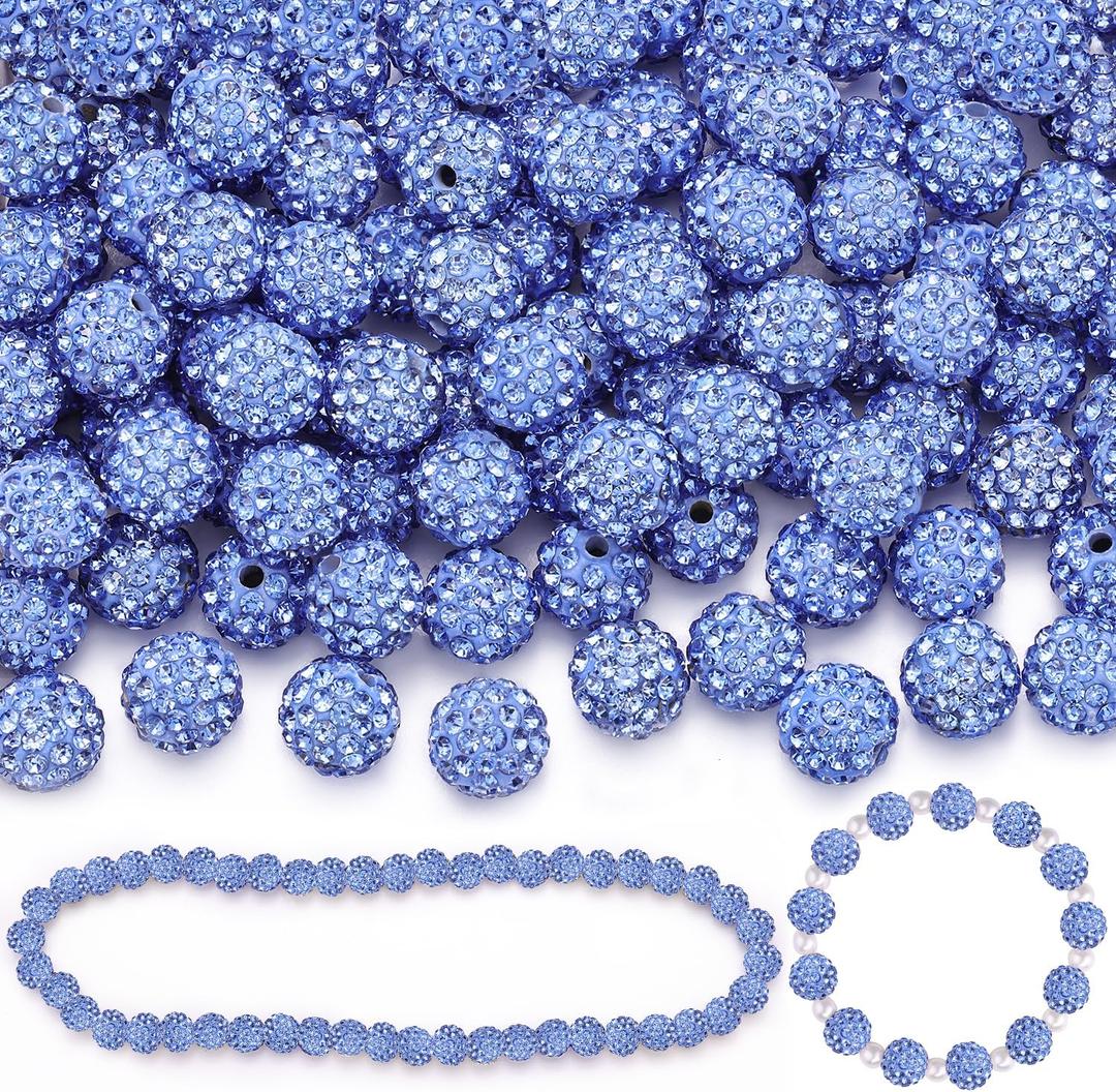 150 Pcs Light Sky Blue Rhinestone Beads for Jewelry Making, Sparkle Crystal Clay Christmas for Bracelet Baseball Necklace Earring Crafting and DIY, Shiny Round Shamballa Disco Ball Beads Bulk