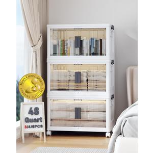 OlarHike 144QT Lockable Storage Bins with Lids - Folding Storage Cabinet with Doors and Wheels, Collapsible Plastic Box for Closets, Office, Stackable Organizer and Containers, Gifts, 3 Pack Cubes (48QT-White)