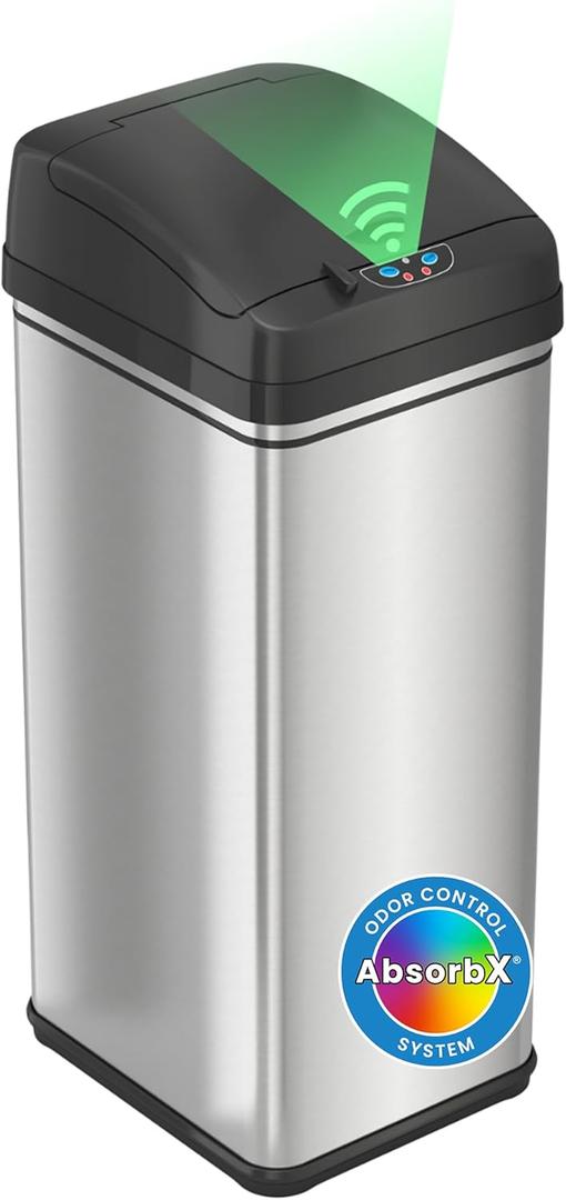 iTouchless 13 Gallon Patented Sensor Trash Can with Lid & Odor Filter, Original Inventor 50L Automatic Kitchen Garbage Bin, Fingerprint-Proof Stainless Steel, Pet-Proof Lock, Soft-Close, Silver