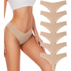 Hellopopgo Seamless Thongs For Women V-waisted No Show Thong Seamless Panties Breathable Comfortable Underwear Womens 6-Pack (Beige, L)