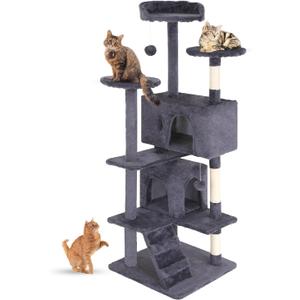 FDW Cat Tree 54in Cat Tower Multi-Level Durable Cat Scratching Post & Cozy Fun Cat Jumping Platform Space Saving Cat Condo Pet Play House for Indoor Cats,Ashy