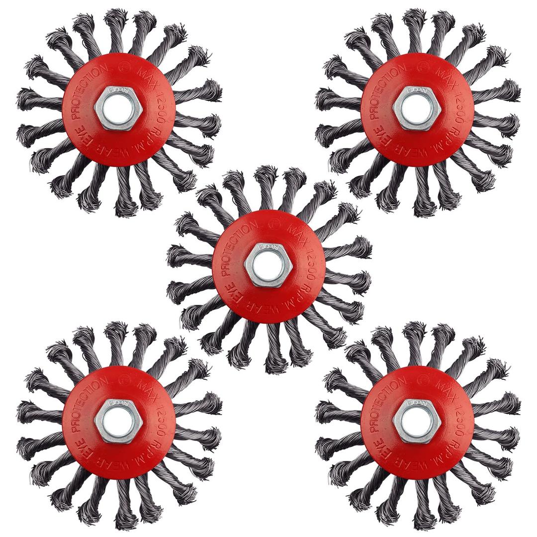 5 Pack 4.5 Inch Twist Knotted Wire Wheel for Angle Grinders, with 5/8 Inch-11 Threaded Arbor, for Heavy & Light Duty Work