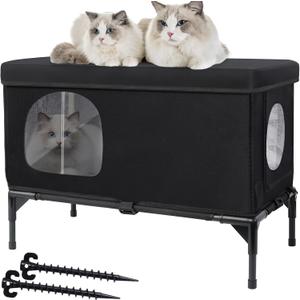 Outdoor Cat House Weatherproof, Insulated Feral Cat Houses for Cats with Cozy Cushion, Elevated Outdoor Cat Shelter, Equipped with Escape Door, Outside Cats House for Stray Cats(Large) (Black)