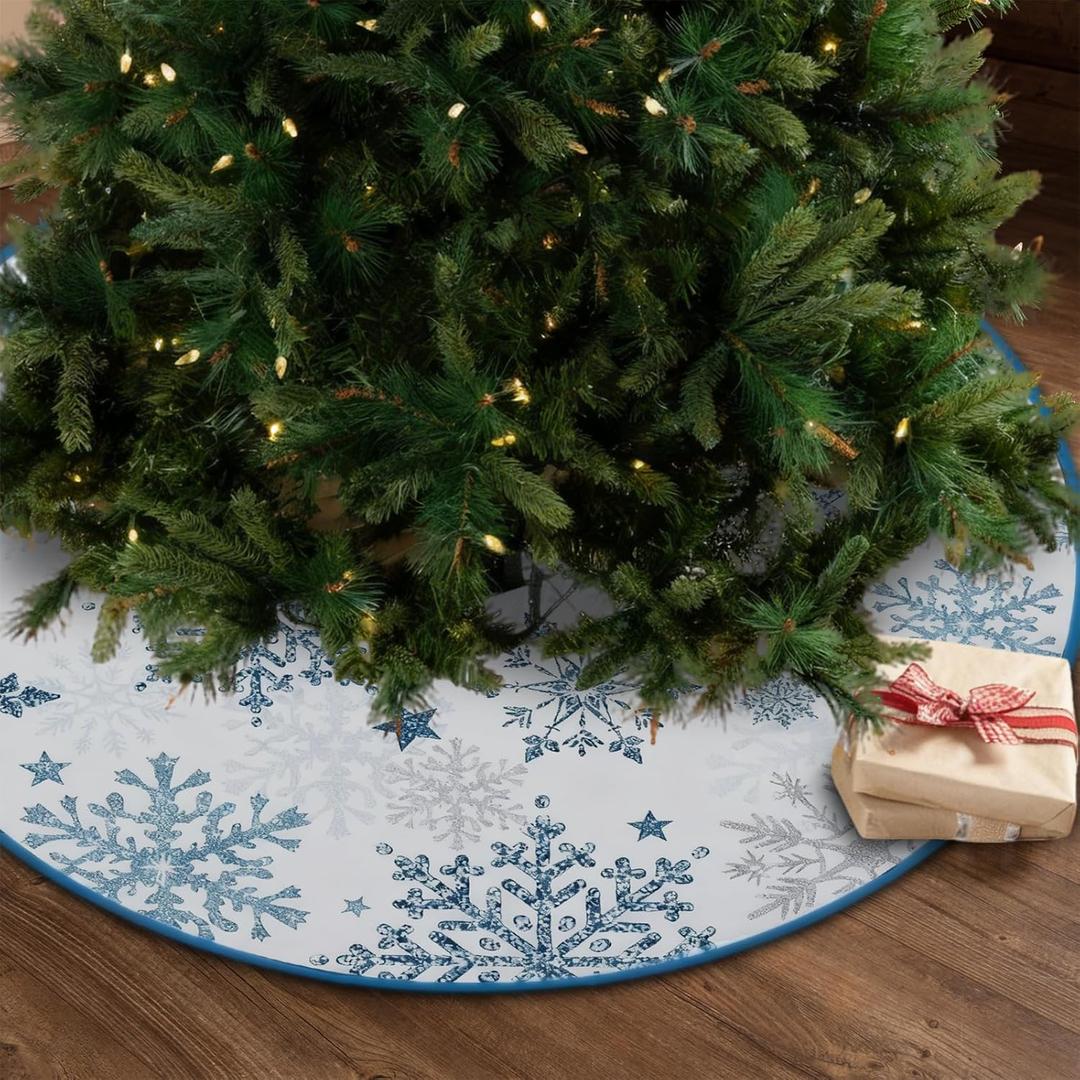 Blue and White Christmas Tree Skirt, Elegant Holiday Tree Skirts for Small to Large Trees, Festive Double-Sided Decor with Snowflake Designs (36")