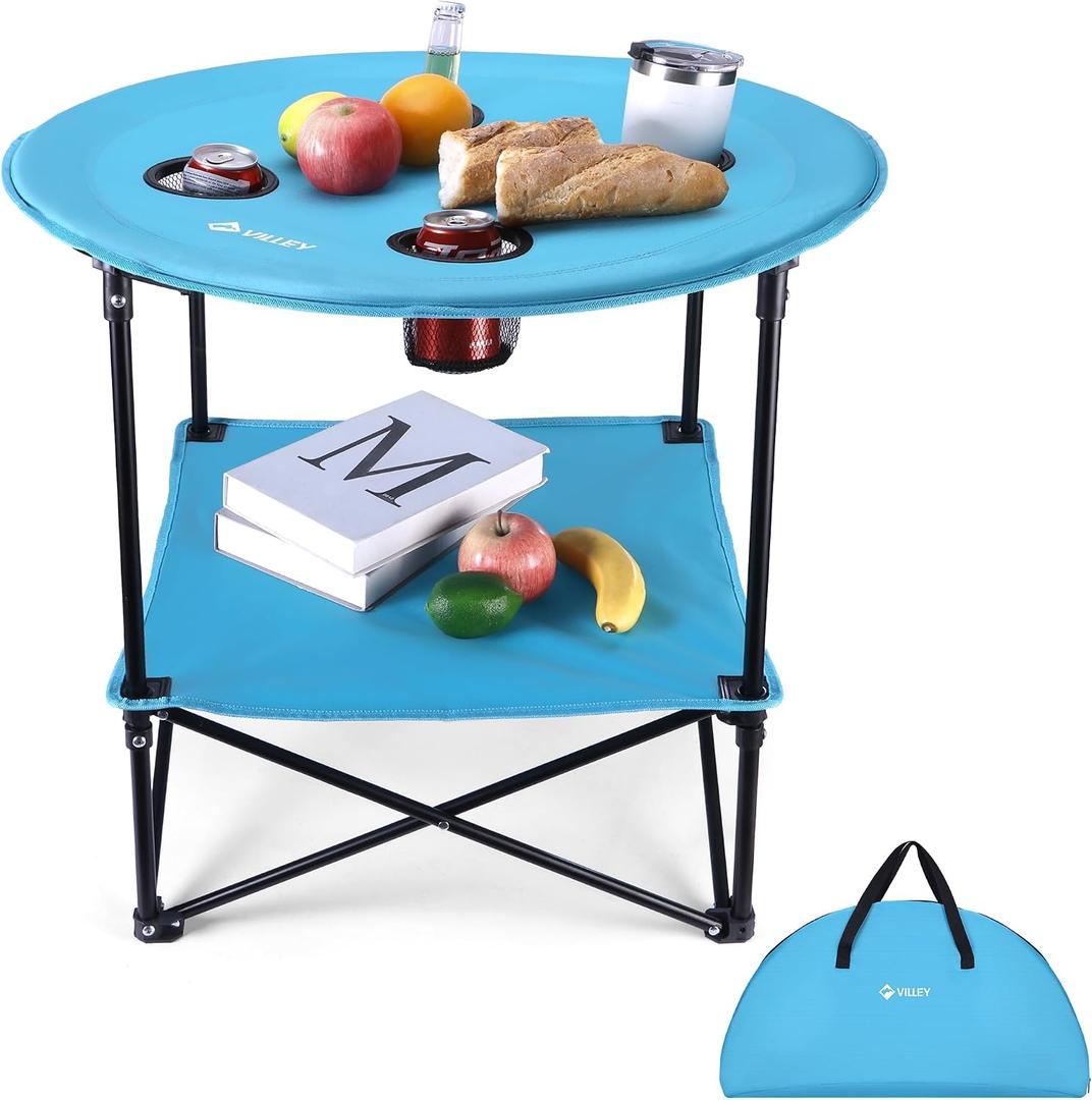 VILLEY Folding Camping Table, Lightweight Double-Layer Round Table with 4 Cup Holders and Carry Bag, Portable Beach Table for Camp, Travel, Fishing, Outdoor Activities, Blue, 28.35 inches diameter