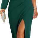 ZESICA Women's One Shoulder Long Sleeve Cocktail Dress Sexy High Slit Ruched Bodycon Wedding Guest Maxi Dresses (Green, S)