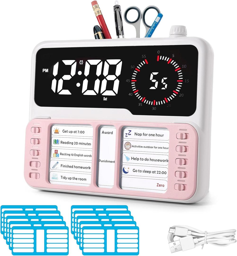 7-in-1 Visual Timer for Kids & Adults with Task Planner  ADHD Time Management Tool with Alarm, Countdown, Calendar, Temperature Display & Storage  Ideal for Home, School (Pink)