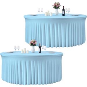GALLETY 2 Pack Baby Blue Round Tablecloth for 5FT Tables, 120 inch Fitted Spandex Table Cloth with Skirt, Wrinkle Free Stretchy Circular Table Cover for Baby Shower, Birthday, Gender Reveal Party