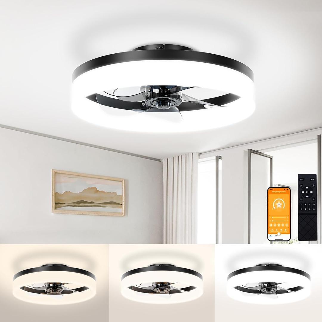 VOLISUN Low Profile Ceiling Fans with Lights and Remote,15.7in Modern Ceiling Fan Flush Mount,3000K-6500K Dimmable Bladeless LED Fan Light,Black Fandelier Ceiling Fans with Lights for Bedroom