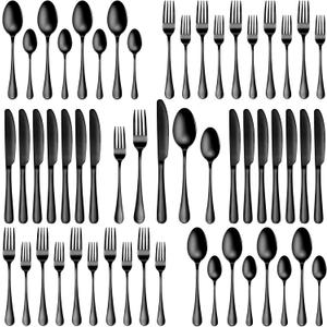 40 Pcs Black Silverware Set, Stainless Steel Flatware Set for 8, Food-Grade Cutlery Set, Mirror Polished Tableware Eating Utensils Set for Home Kitchen, Include Knife Fork Spoon Set, Dishwasher Safe (Round Handle 40 Pieces)