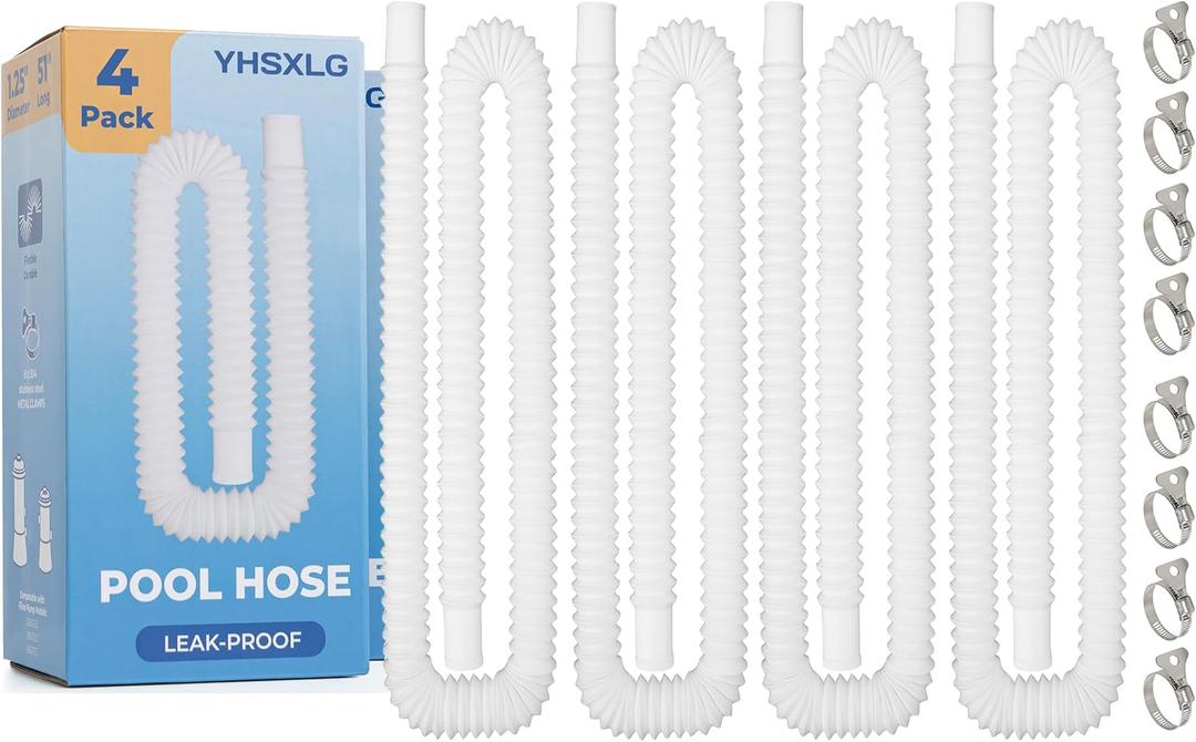 Pool Hoses for Above Ground Pools, 1.25 x 51 Inch Hose for Filter Pump, Compatible with Filter Pump 607, 637 (4 Hoses + 8 Metal Clamps)