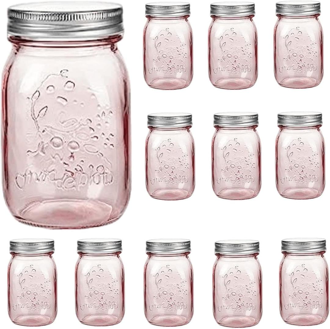 Amzcku 16 oz Rose Pink Mason Jars with Lids, 12 Pack Regular Mouth Quart Canning Jar, Safe For Storage, Canning, Pickling, Preserving, Fermenting, DIY Crafts & Decor
