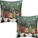 Wnoesat Christmas Decorative Pillow Cover 18x18 Set of 2 Winter Xmas Tree Wonderland Forest Village Town House Snowflake Pillow Case Holiday Farmhouse Vintage Rustic Pillowcase for Sofa Couch Porch