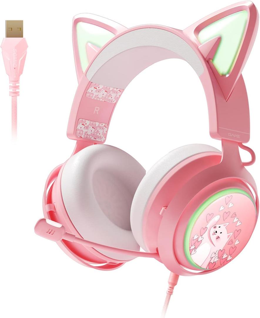 Pink Gaming Headset GS510, Wired, Over Ear, Cat Ear Design with RGB Lighting, 7.1 Surround Sound, Retractable Mic, Compatible with PC, PS4, PS5