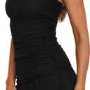 Women Strapless Tube Mini Dress Bodycon Dress Summer Side Slit Mesh Hem Cocktail Club Party Short Dresses (Black, L)
