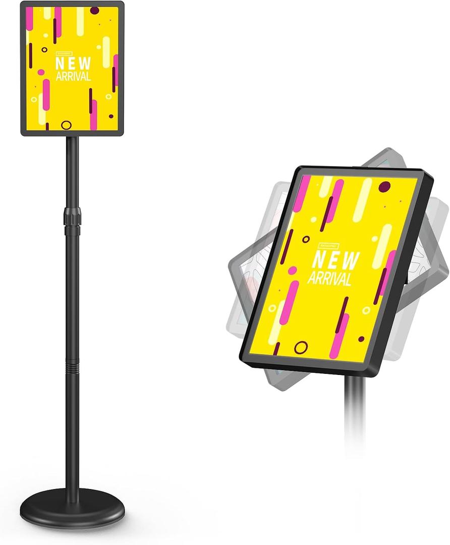 Adjustable Sign Stand, 8.5x11 Inches Floor Standing Sign Holder Stand, Snap-On Open Frame, 360 Rotating Display Outdoor Advertising Poster Signage StandBlack