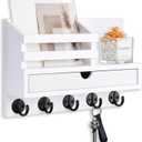Key Holder Wall Mount, Mail Holder with Storage Drawer and 5 Key Hooks for Coat, Dog Leash, Home Decor Rack, House Accessories, Entry Way Organizer (Standard - 11.8 Inch, White)