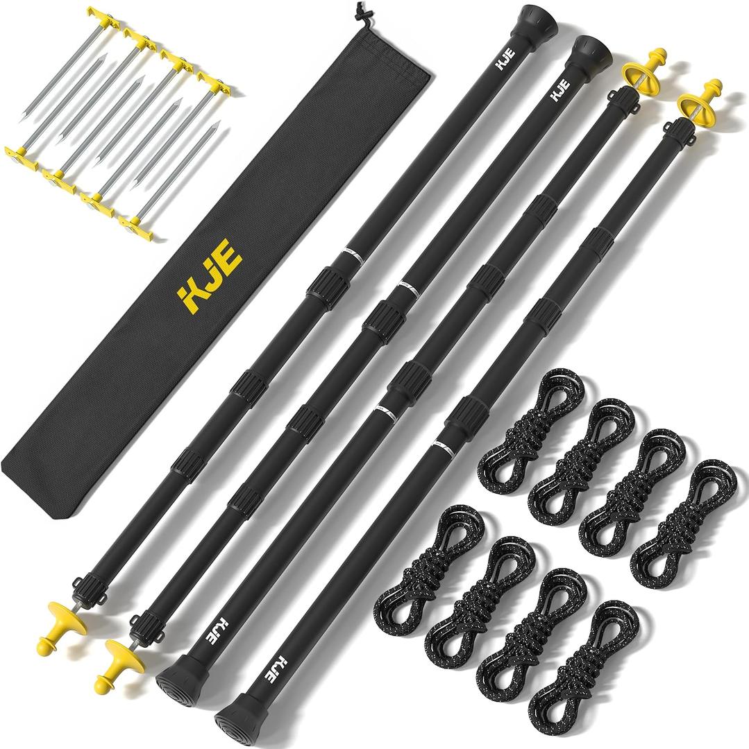 KJE 4 Pack Adjustable Heavy-Duty Tarp Poles, Camping Tent Poles Set with Ground Stakes & Guylines & Yellow Protection Caps, Aluminum Telescoping Pole(2.79ft to 8.5ft) for Outdoor Tarp Use, 35 inches