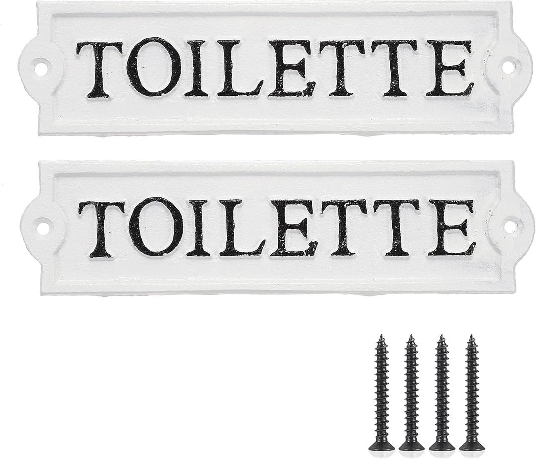 JUXYES Pack of 2 Cast Iron Bathroom Wall Plaque Toilette Sign with Screws, Heavy Duty Metal Bathroom Signage Wall Decor, Decorative Restroom Toilet Sign for Home, Office, Store or Restaurant