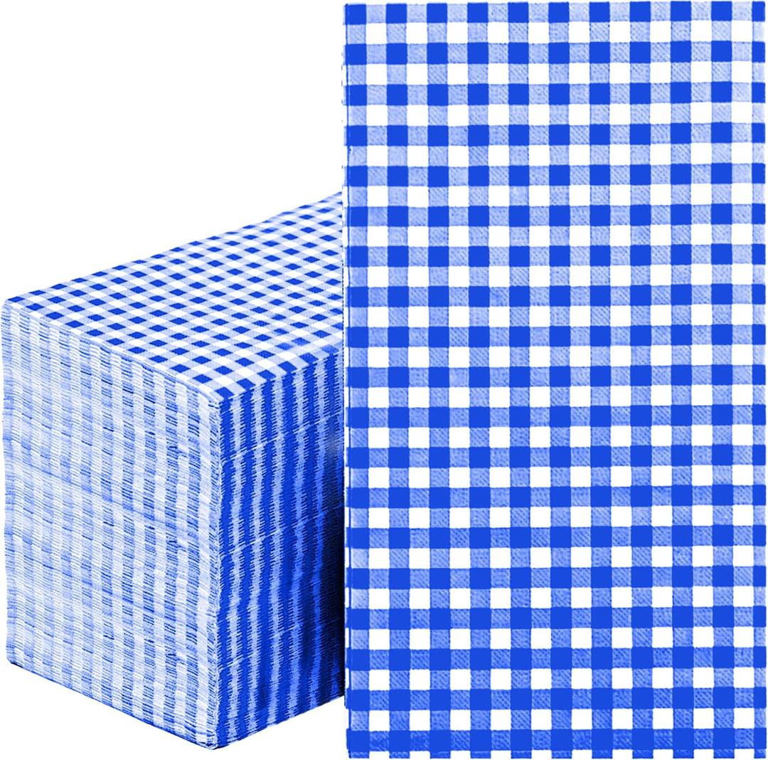 2 x Blue Checkered Napkins  100-Pack 3-Ply Disposable Paper Napkins for BBQ, Picnic, Wedding & Party Events  Soft & Durable Gingham Design.