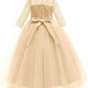 Girls Flower Vintage Lace 3/4 Sleeves Wedding Bridesmaid Tutu Dress Floor Length Party Evening Formal Dance Ball Gown (Beige)