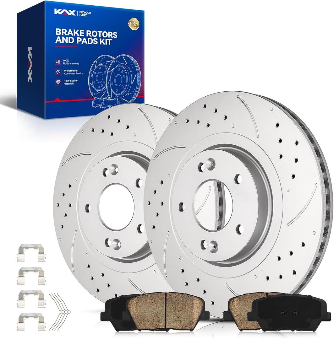 KAX Front Brake Kit, Drilled and Slotted Brake Rotors, Ceramic Brake Pads | Fits Kia Sorento 2016 2017 2018 2019 2020, Hyundai Santa Fe Sport 2017 2018, Automotive Replacement Brake Kit
