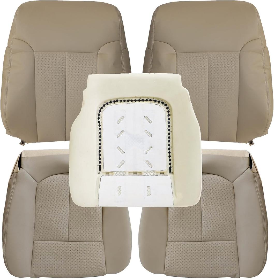 GXARTS Perforated Tan Driver and Passenger Side Bottom & Top Lean Back Replacement Leather Seat Cover & Driver Foam Cushion Pad Compatible with Ford F150 2009 2010 2011 2012 2013 2014