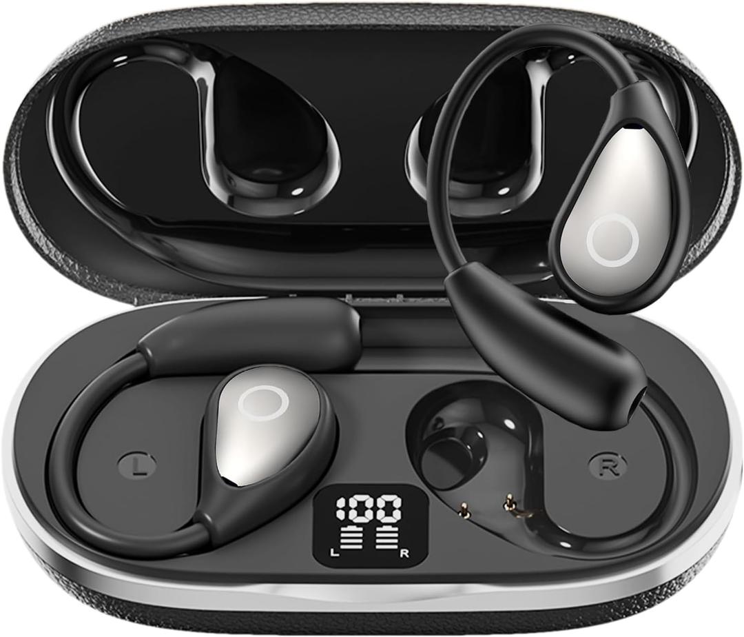 Open Ear Earbuds Wireless Bluetooth Headphones, 60Hrs Playtime, Stereo Sound Over Ear Buds with IPX7 Waterproof Noise Canceling Earphones, Ideal for Fitness, Travel - Black