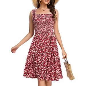 CVCPP Floral Print Sundress for Women Square Neck Sleeveless Smocked Flowy Mini Short Boho Summer Dresses.L