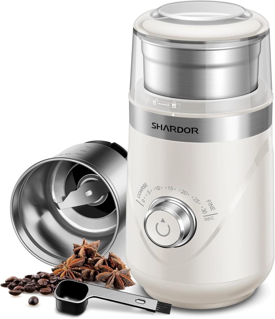 SHARDOR Electric Super Silent Blade Coffee Grinder, Timed Grind Control Rotary Knob, Adjustable Coarse to Fine for Coffee Beans, Spices & Herbs, with 1 Removable Stainless Steel Bowl, Cream