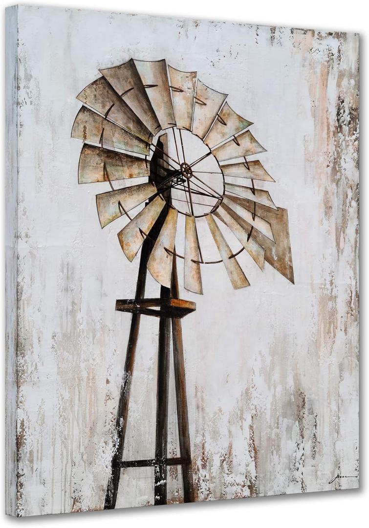 Yihui Arts Rustic Canvas Wall Decor with Textured Modern Vintage Paintings Abstract Windmill Art Contemporary Large Aesthetic Pictures for Farmhouse Living Room Bedroom Dinning Home Decor, 40"L x 30"W